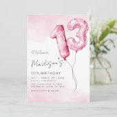 Pink Watercolor Foil Balloon 13th Birthday 招待状 (スタンド正面)