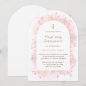 pink watercolor foliage First Holy Communion  招待状 (正面/裏面)