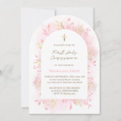 pink watercolor foliage First Holy Communion  招待状 (正面)