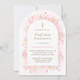 pink watercolor foliage First Holy Communion  招待状