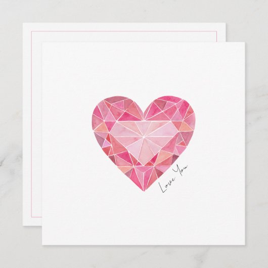 Pink Watercolor Heart Gem Love You Note  (正面/裏面)