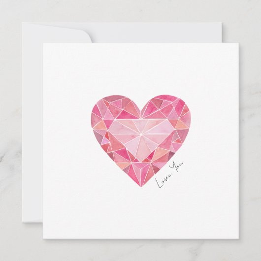 Pink Watercolor Heart Gem Love You Note  (正面)