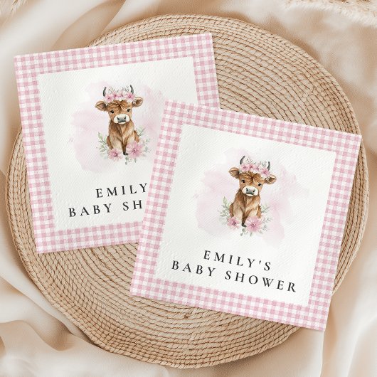 Pink Watercolor Highland Cow Girl Baby Shower スタンダードカクテルナプキン