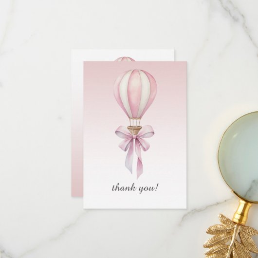 Pink Watercolor Hot Air Balloon Girl Baby Shower サンキューカード (正面/裏面インサイチュ)