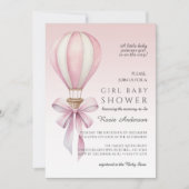 Pink Watercolor Hot Air Balloon Girl Baby Shower 招待状 (正面)
