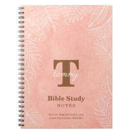 Pink Watercolor Leaves Monogram Bible Study ノートブック