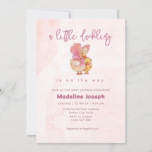 Pink Watercolor Little Ducking Girl Baby Shower 招待状 (正面)