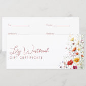 Pink Watercolor Modern Wildflower Gift Certificate (正面/裏面)