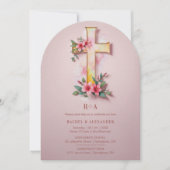 Pink Watercolor Pastel Floral Cross-Shape Wedding 招待状 (正面)
