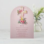 Pink Watercolor Pastel Floral Cross-Shape Wedding 招待状 (スタンド正面)