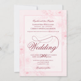 Pink Watercolor Peonies Fancy Script Wedding 招待状