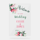 Pink Watercolor Peony Floral Wedding Welcome アクリルサイン (正面)