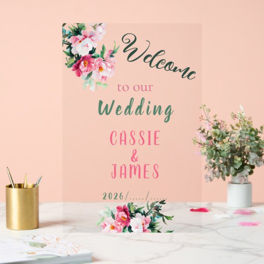 Pink Watercolor Peony Floral Wedding Welcome アクリルサイン (ウェディング)