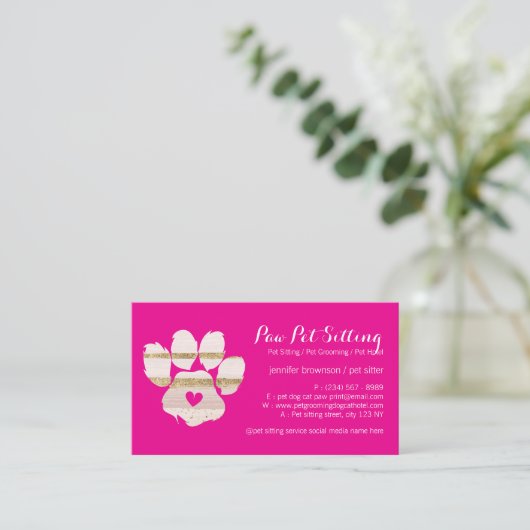 Pink Watercolor Pet Sitter Grooming Paws 名刺 (スタンド正面)