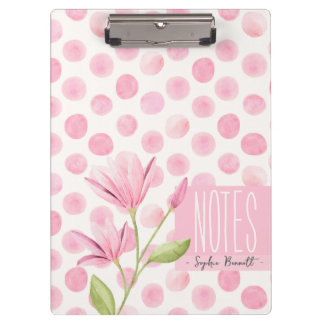 Pink Watercolor Polka Dots & Flowers クリップボード