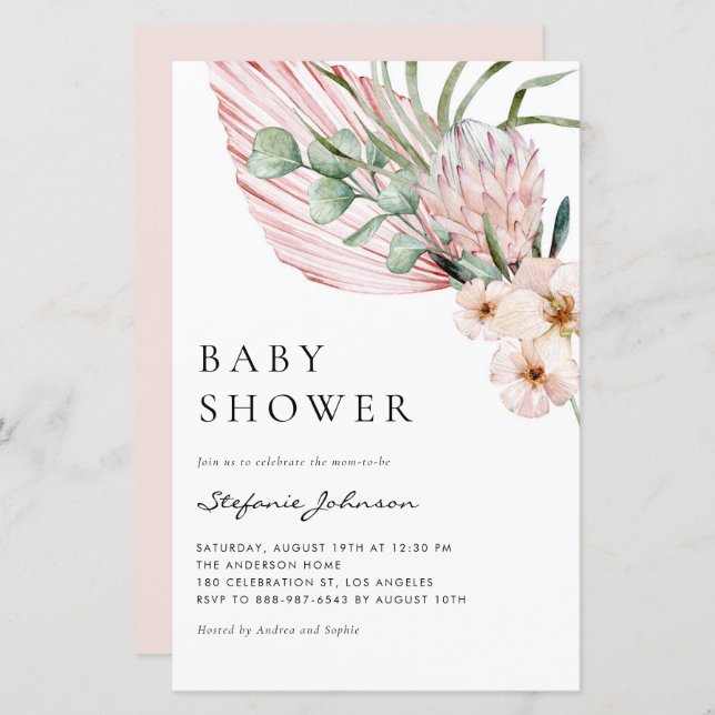 Pink Watercolor Protea Summer Baby Shower Invite (正面/裏面)