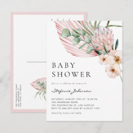 Pink Watercolor Protea Tropical Baby Shower インビテーションポストカード