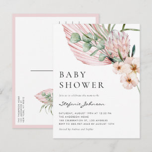 Pink Watercolor Protea Tropical Baby Shower インビテーションポストカード