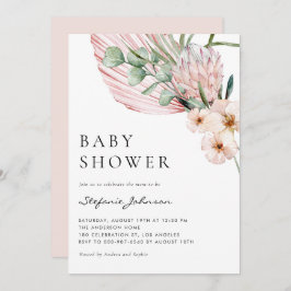 Pink Watercolor Protea Tropical Baby Shower 招待状