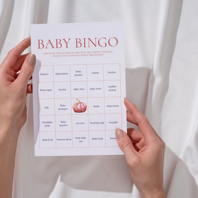 Pink Watercolor Pumpkin Baby Shower Bing Game (Pink Pumpkin Baby Bingo Card)