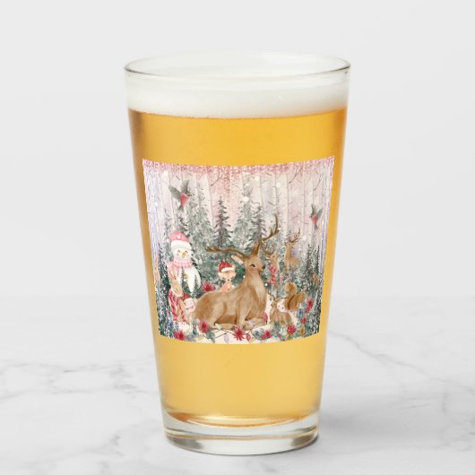 Pink Watercolor Reindeer, Snowman Merry Christmas タンブラーグラス (ドリンク正面)