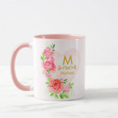 Pink Watercolor Rose Floral Monogram Initial マグカップ (左)
