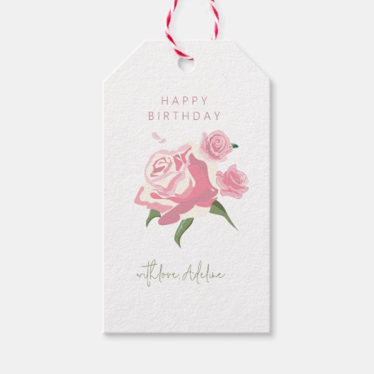 Pink Watercolor Rose Flower  Birthday ギフトタグ (正面)