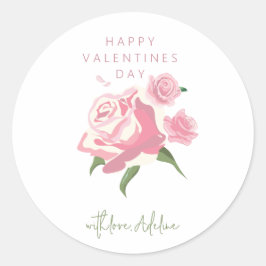 Pink Watercolor Rose Flower Valentines Day ラウンドシール