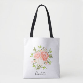 Pink Watercolor Roses Name Tote Bag トートバッグ