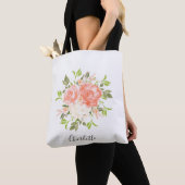 Pink Watercolor Roses Name Tote Bag トートバッグ (クローズアップ)