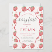 Pink Watercolor Strawberry Bow Berry 1st Birthday 招待状 (正面)
