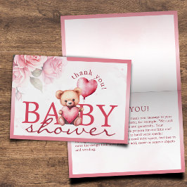 Pink Watercolor Teddy Bear Baby Shower Folding サンキューカード
