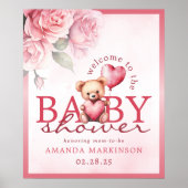 Pink Watercolor Teddy Bear Baby Shower Welcome ポスター (正面)