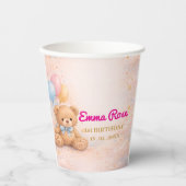 Pink Watercolor Teddy Bear Girl 1st Birthday 紙コップ (正面)