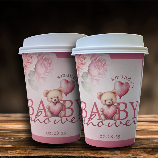Pink Watercolor Valentine Teddy Bear Baby Shower 紙コップ