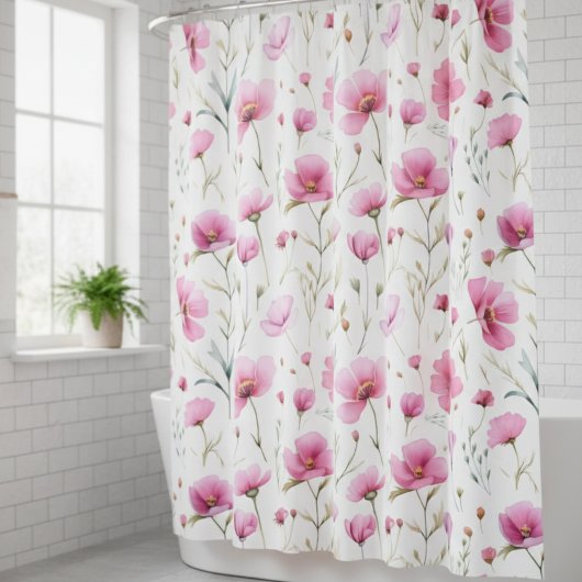 Pink Watercolor Wildflower シャワーカーテン