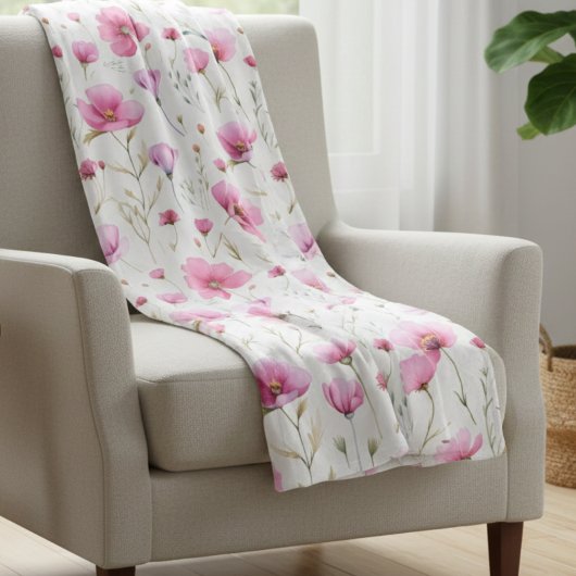 Pink Watercolor Wildflower  フリースブランケット