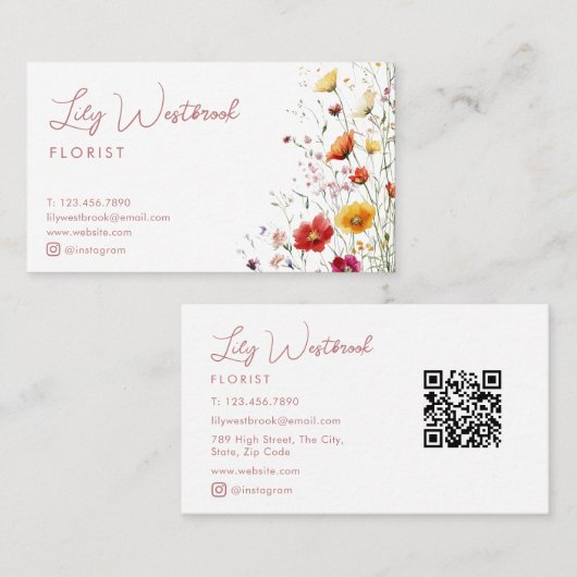 Pink Watercolor Wildflower Modern Elegant Script 名刺 (正面/裏面)