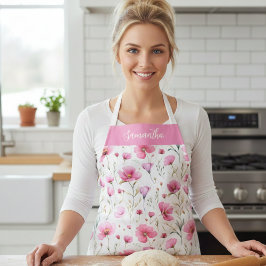 Pink Watercolor Wildflower Monogram Name エプロン