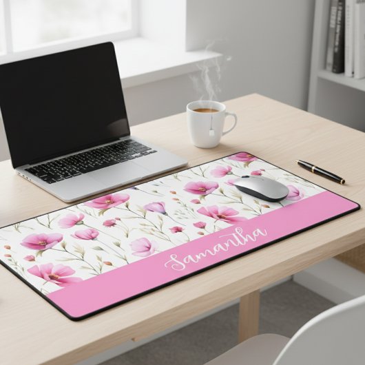 Pink Watercolor Wildflower Monogram Name デスクマット