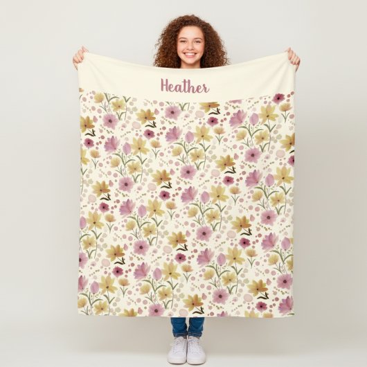 Pink Watercolor Wildflower Monogram Name フリースブランケット