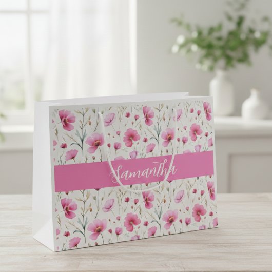 Pink Watercolor Wildflower Name  ラージペーパーバッグ