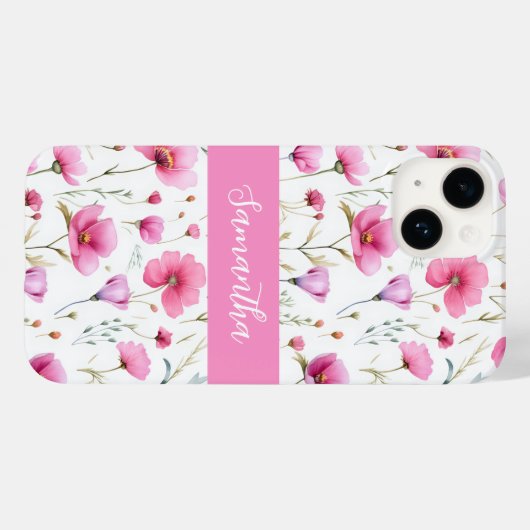 Pink Watercolor Wildflower Name Case-Mate iPhoneケース (裏面 (横))