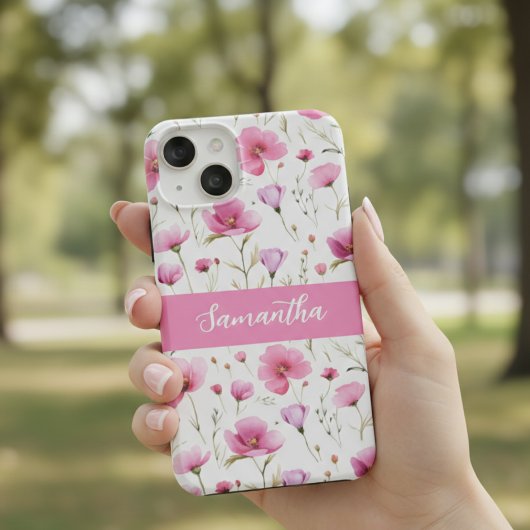 Pink Watercolor Wildflower Name Case-Mate iPhoneケース