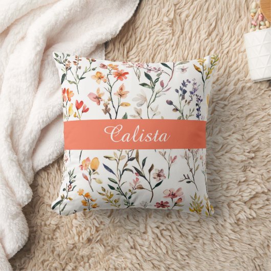 Pink Watercolor Wildflowers Monogram Name クッション (ブランケット)