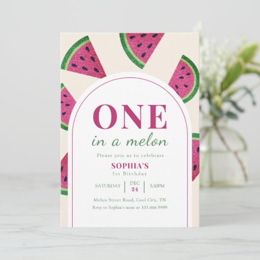Pink Watermelon Custom Photo 1st Birthday   招待状 (スタンド正面)