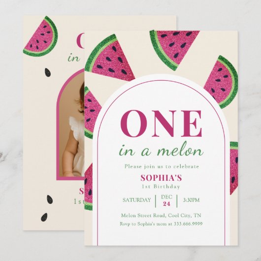 Pink Watermelon Custom Photo 1st Birthday   招待状 (正面/裏面)