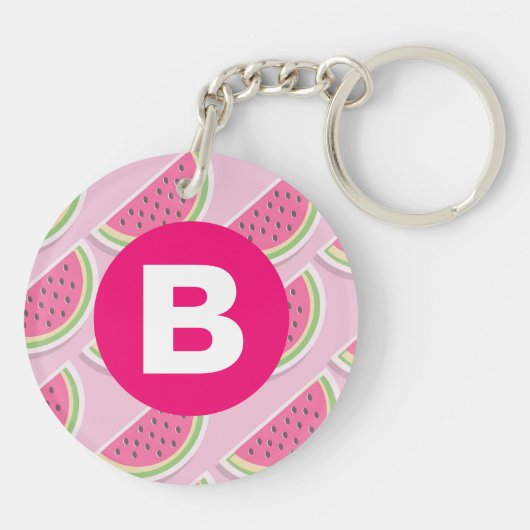 Pink Watermelon Pattern Circle Monogram キーホルダー (裏面)