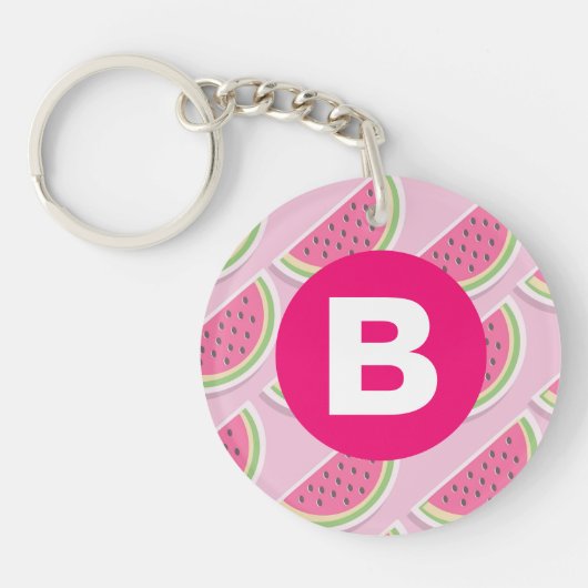 Pink Watermelon Pattern Circle Monogram キーホルダー (正面)