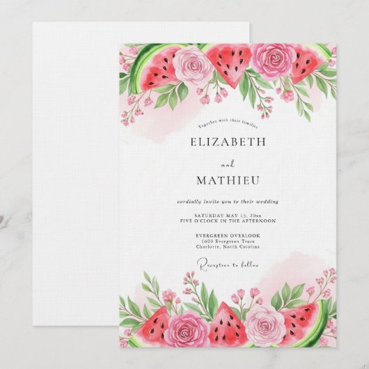 Pink Watermelon Whimsical Wedding 招待状 (正面/裏面)